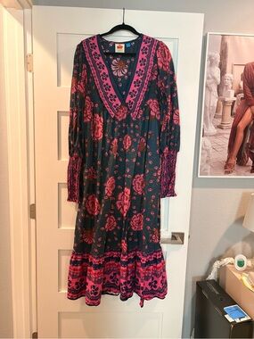 FARM Rio Black Midi Dress with Bold Pink Floral Print